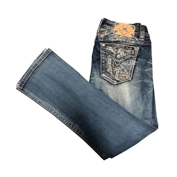Miss Me Denim - Miss Me Signature Slim Bootcut Embellished Jeans Medium Wash Size 30 Rhinestone